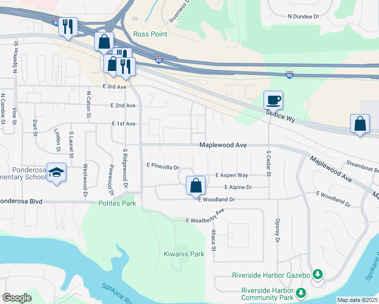 map of restaurants, bars, coffee shops, grocery stores, and more near 200 South Cypress Court in Post Falls
