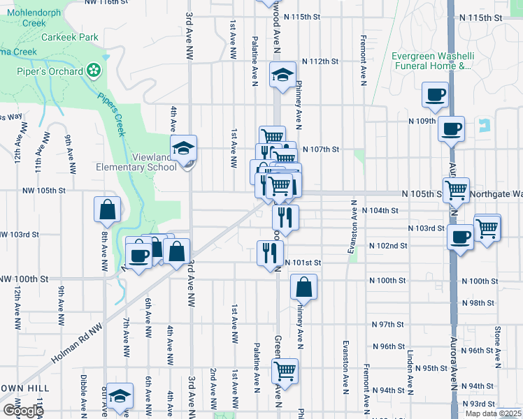 map of restaurants, bars, coffee shops, grocery stores, and more near 10402 Holman Rd N in Seattle