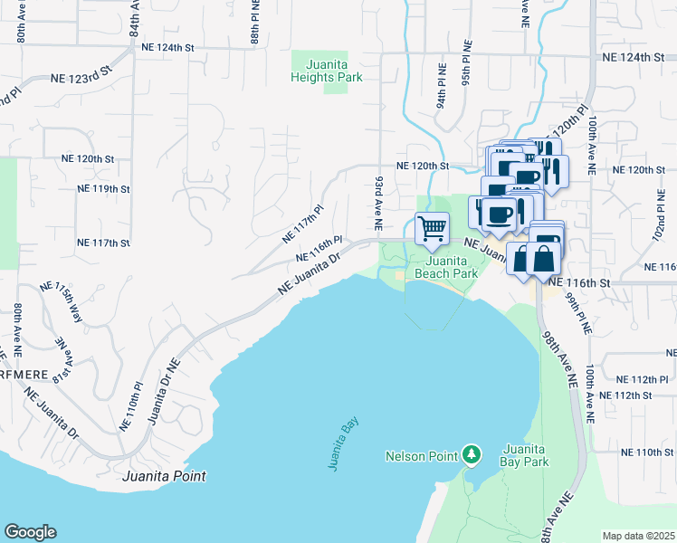 map of restaurants, bars, coffee shops, grocery stores, and more near 9039 Northeast Juanita Drive in Kirkland