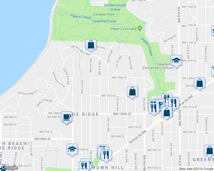 map of restaurants, bars, coffee shops, grocery stores, and more near 10325 12th Avenue Northwest in Seattle