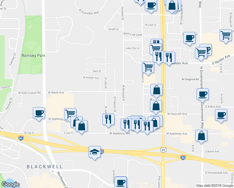 map of restaurants, bars, coffee shops, grocery stores, and more near 2835 North Howard Street in Coeur d'Alene
