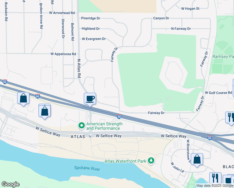 map of restaurants, bars, coffee shops, grocery stores, and more near 2966 West Fairway Drive in Coeur d'Alene