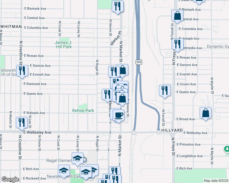 map of restaurants, bars, coffee shops, grocery stores, and more near 3007 East Queen Avenue in Spokane