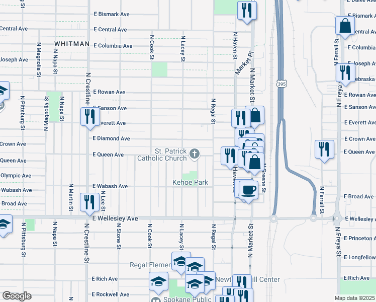 map of restaurants, bars, coffee shops, grocery stores, and more near 2705 East Queen Avenue in Spokane