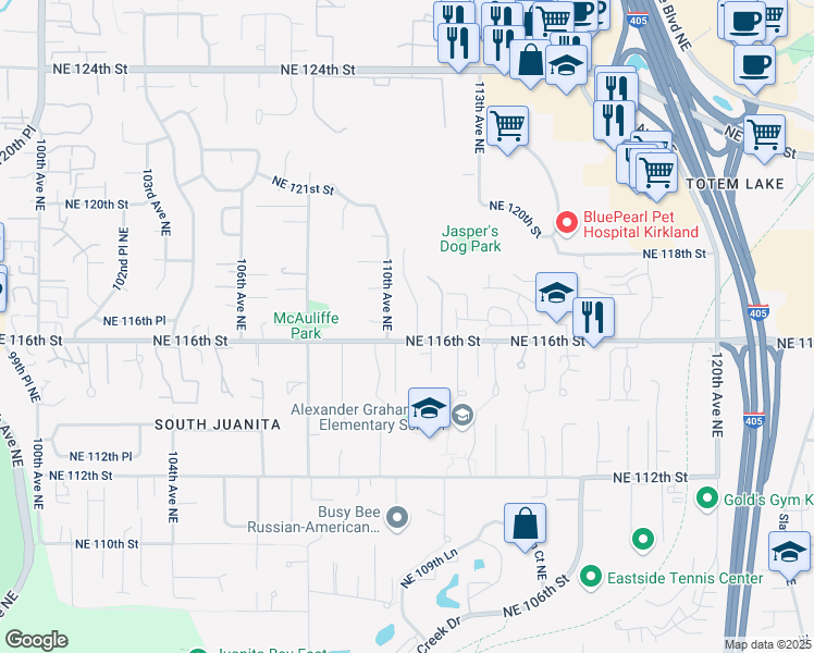 map of restaurants, bars, coffee shops, grocery stores, and more near 11616 111th Avenue Northeast in Kirkland