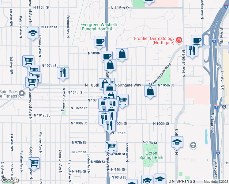 map of restaurants, bars, coffee shops, grocery stores, and more near 10342 Midvale Avenue North in Seattle