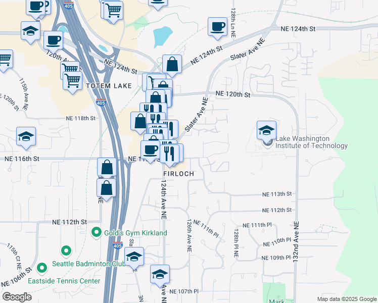map of restaurants, bars, coffee shops, grocery stores, and more near 11626 Slater Avenue Northeast in Kirkland