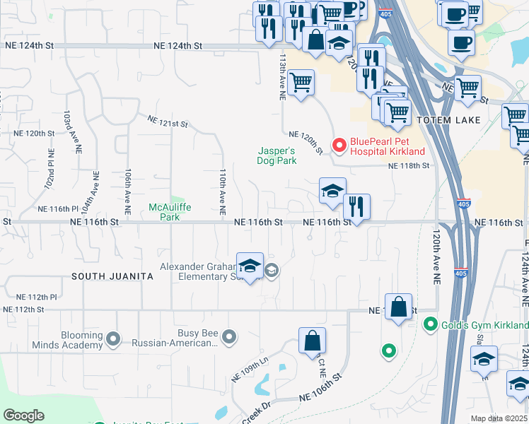 map of restaurants, bars, coffee shops, grocery stores, and more near 11215 Northeast 116th Place in Kirkland