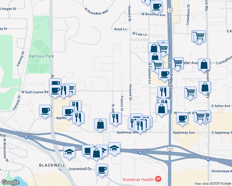 map of restaurants, bars, coffee shops, grocery stores, and more near 2830 North Julia Street in Coeur d'Alene