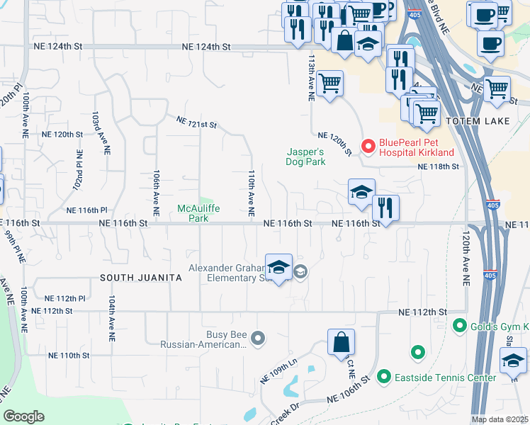 map of restaurants, bars, coffee shops, grocery stores, and more near 11616 111th Avenue Northeast in Kirkland