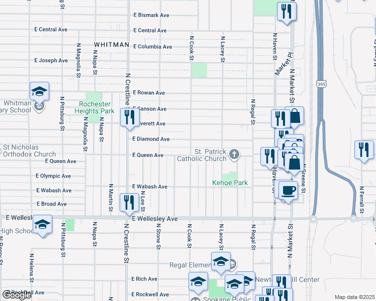 map of restaurants, bars, coffee shops, grocery stores, and more near 5103 North Cook Street in Spokane