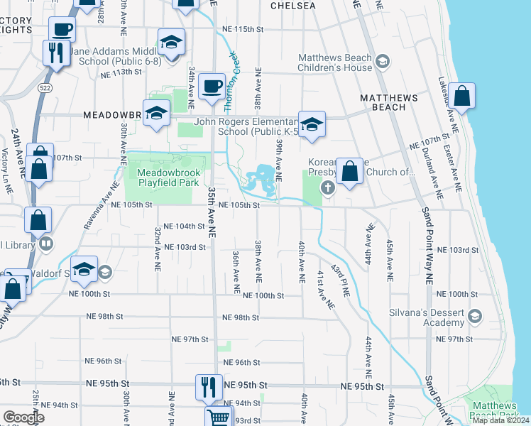 map of restaurants, bars, coffee shops, grocery stores, and more near 3809 Northeast 105th Street in Seattle