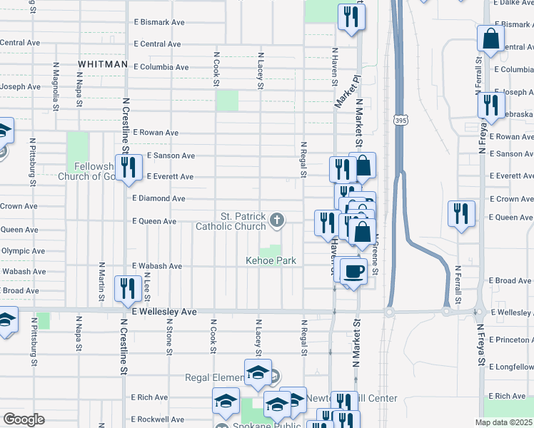 map of restaurants, bars, coffee shops, grocery stores, and more near 2705 East Queen Avenue in Spokane