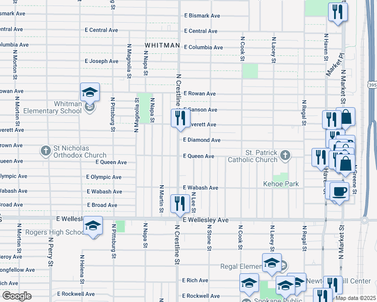 map of restaurants, bars, coffee shops, grocery stores, and more near 2117 East Queen Avenue in Spokane