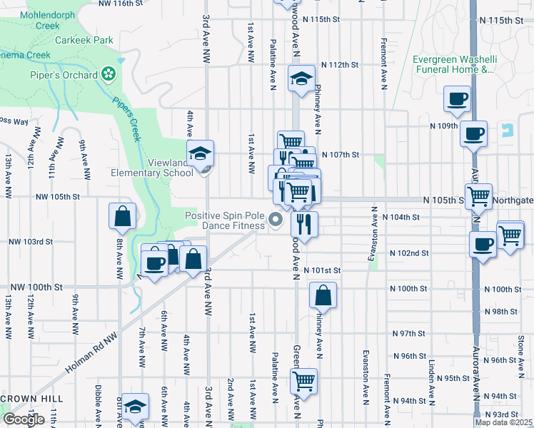 map of restaurants, bars, coffee shops, grocery stores, and more near 118 North 104th Street in Seattle