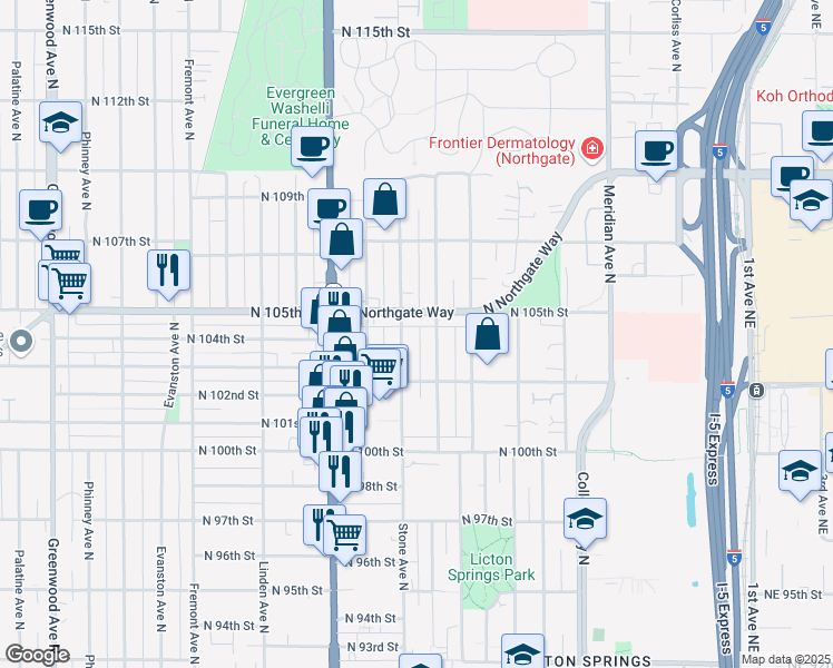 map of restaurants, bars, coffee shops, grocery stores, and more near 10342 Stone Avenue North in Seattle