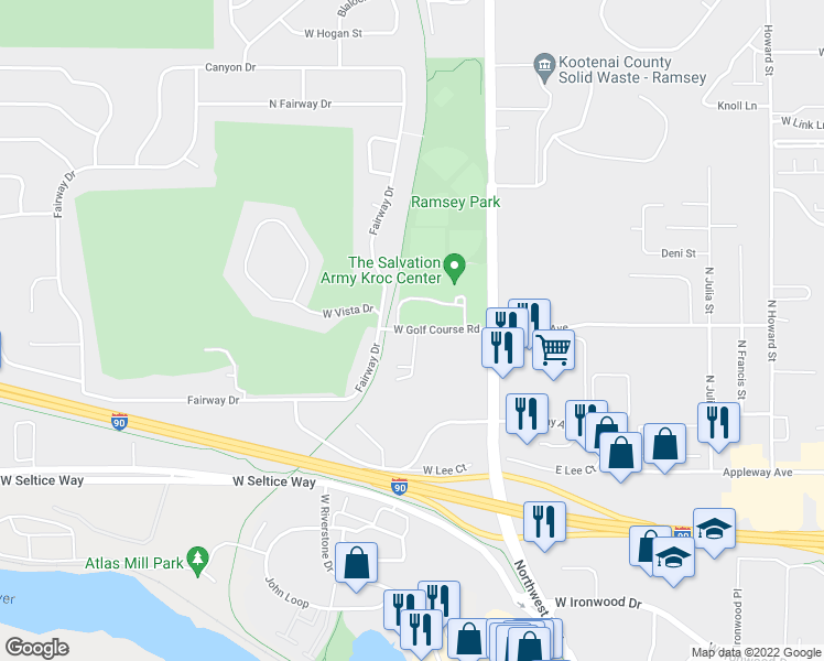 map of restaurants, bars, coffee shops, grocery stores, and more near 1820 West Golf Course Road in Coeur d'Alene