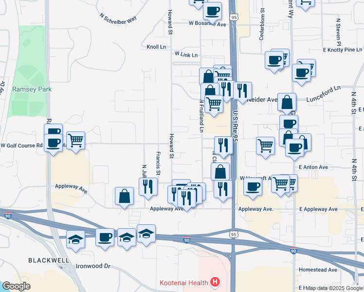 map of restaurants, bars, coffee shops, grocery stores, and more near 650 West Celtic Court in Coeur d'Alene