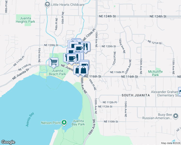 map of restaurants, bars, coffee shops, grocery stores, and more near 9920 Northeast 116th Street in Kirkland