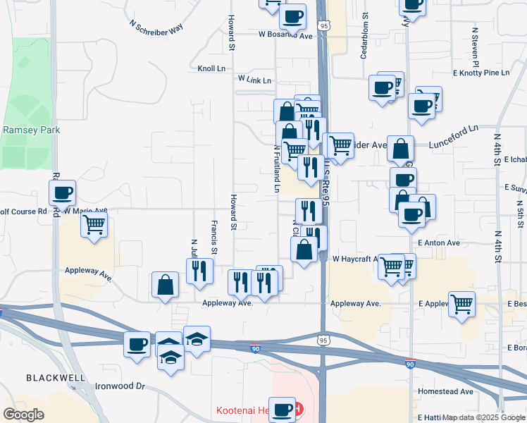 map of restaurants, bars, coffee shops, grocery stores, and more near 650 West Celtic Court in Coeur d'Alene