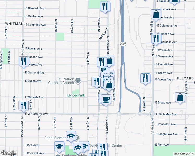map of restaurants, bars, coffee shops, grocery stores, and more near 3007 East Queen Avenue in Spokane