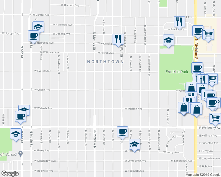 map of restaurants, bars, coffee shops, grocery stores, and more near 5104 North Post Street in Spokane