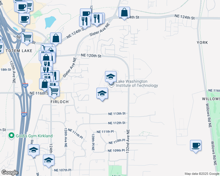 map of restaurants, bars, coffee shops, grocery stores, and more near 11605 132nd Avenue Northeast in Kirkland