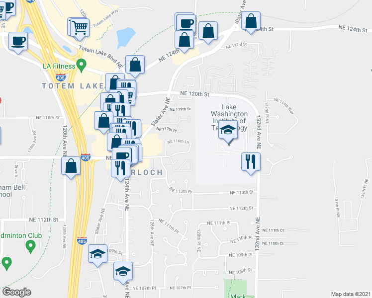 map of restaurants, bars, coffee shops, grocery stores, and more near 12744 Northeast 116th Lane in Kirkland