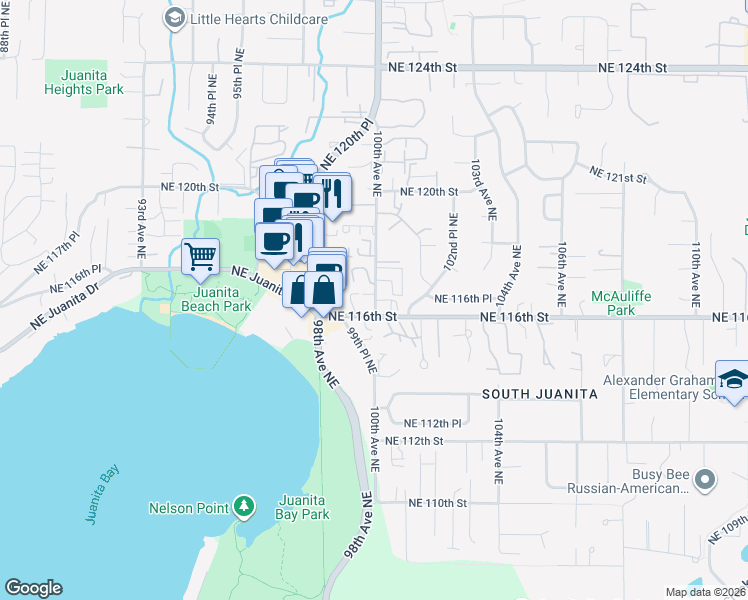 map of restaurants, bars, coffee shops, grocery stores, and more near 11611 100th Avenue Northeast in Kirkland