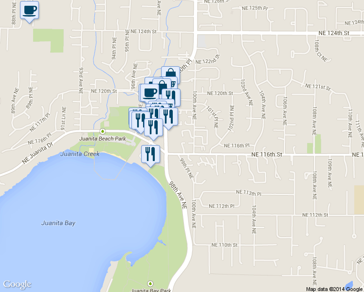 map of restaurants, bars, coffee shops, grocery stores, and more near 9828 Northeast 116th Street in Kirkland