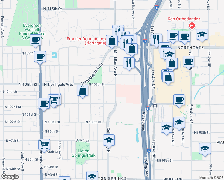 map of restaurants, bars, coffee shops, grocery stores, and more near in Seattle