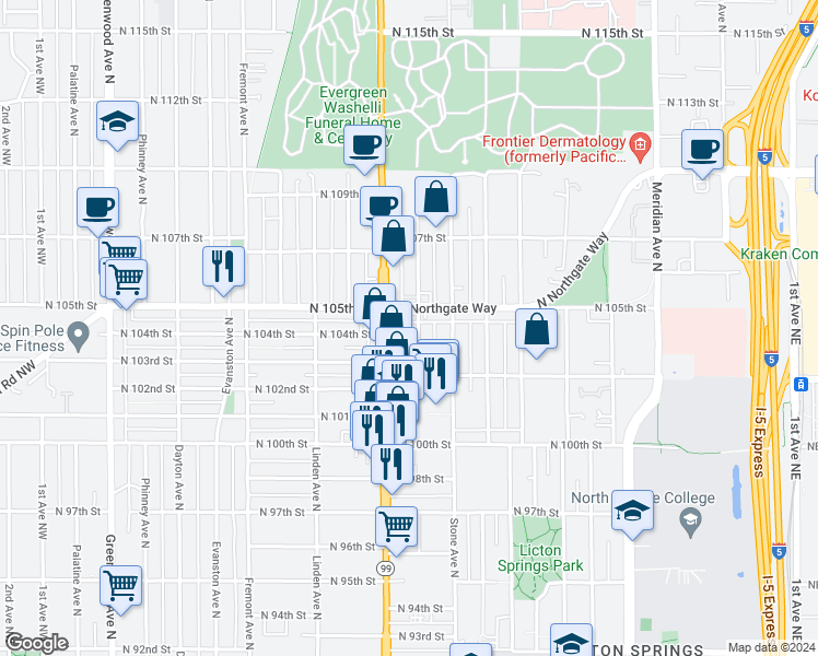 map of restaurants, bars, coffee shops, grocery stores, and more near 10342 Midvale Avenue North in Seattle