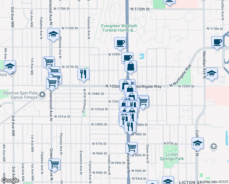 map of restaurants, bars, coffee shops, grocery stores, and more near 930 North 104th Street in Seattle