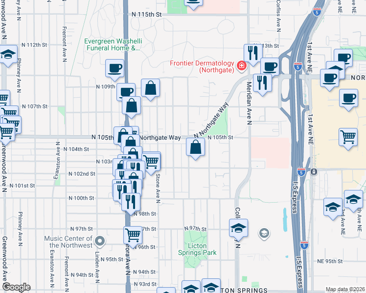 map of restaurants, bars, coffee shops, grocery stores, and more near 10341 Ashworth Avenue North in Seattle