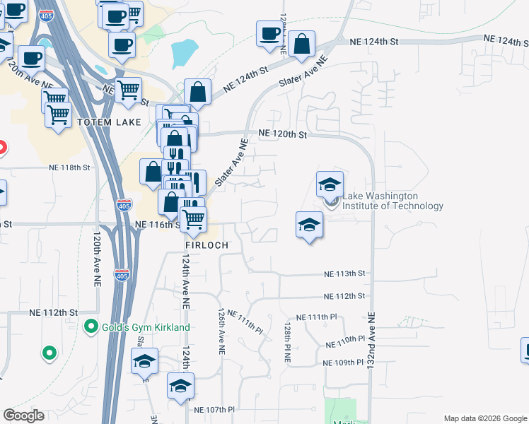 map of restaurants, bars, coffee shops, grocery stores, and more near 12736 Northeast 116th Lane in Kirkland