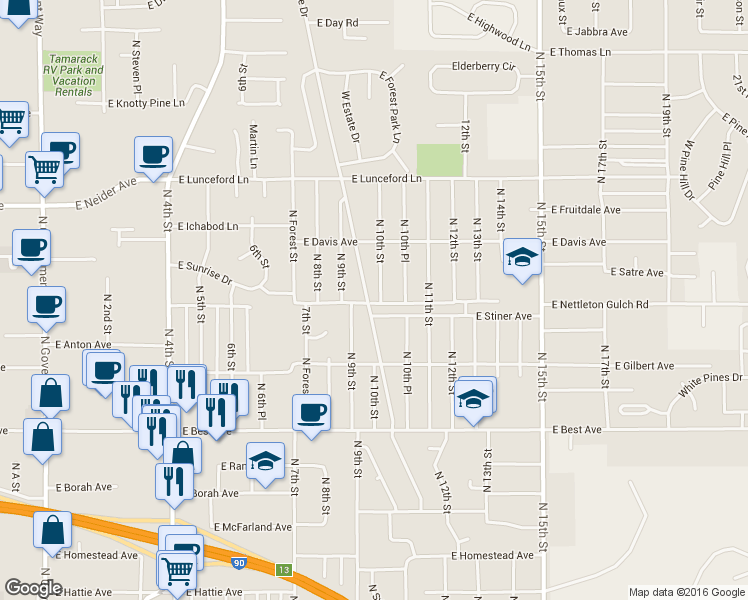 map of restaurants, bars, coffee shops, grocery stores, and more near 3101 North 10th Street in Coeur d'Alene