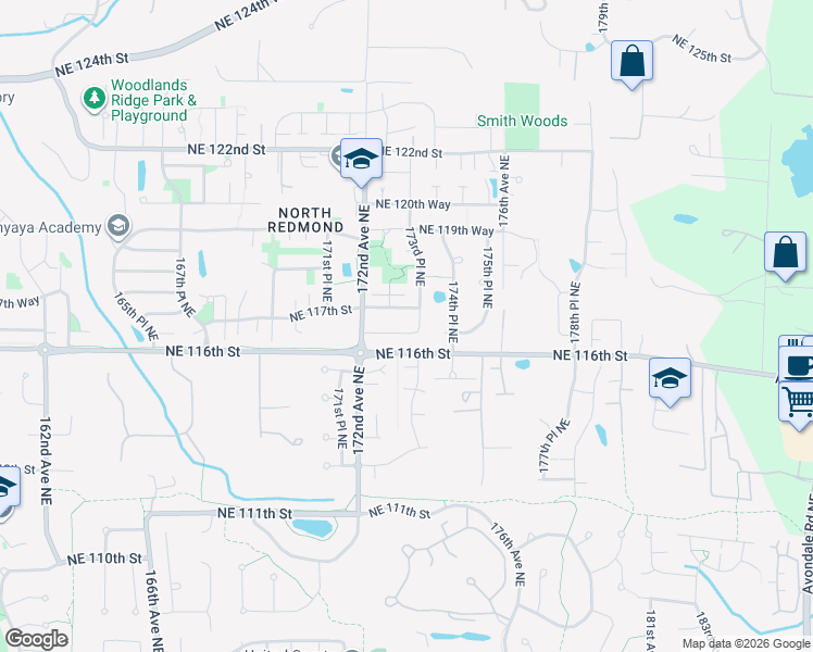 map of restaurants, bars, coffee shops, grocery stores, and more near 17270 Northeast 116th Way in Redmond