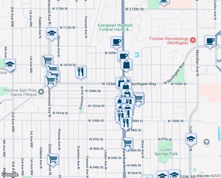 map of restaurants, bars, coffee shops, grocery stores, and more near 930 North 104th Street in Seattle