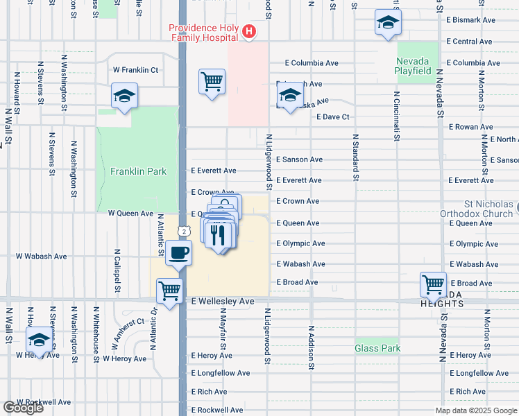 map of restaurants, bars, coffee shops, grocery stores, and more near 217 East Queen Avenue in Spokane