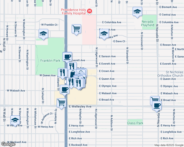 map of restaurants, bars, coffee shops, grocery stores, and more near 217 East Queen Avenue in Spokane