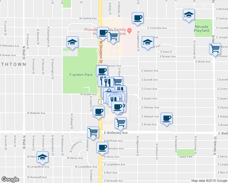 map of restaurants, bars, coffee shops, grocery stores, and more near 41 East Queen Avenue in Spokane