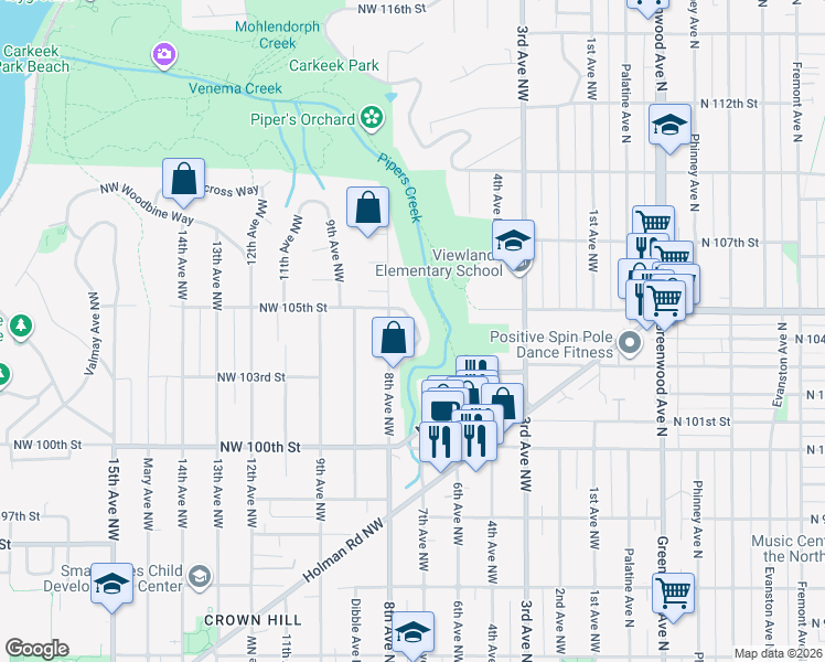 map of restaurants, bars, coffee shops, grocery stores, and more near 10441 Alderbrook Place Northwest in Seattle