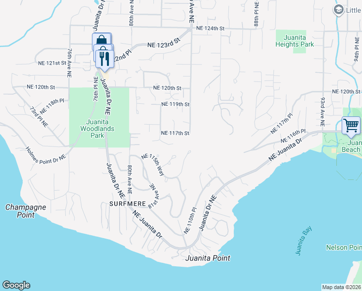 map of restaurants, bars, coffee shops, grocery stores, and more near 8311 Northeast 117th Street in Kirkland