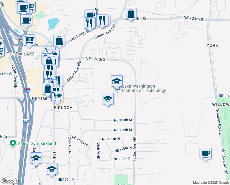 map of restaurants, bars, coffee shops, grocery stores, and more near 11605 132nd Avenue Northeast in Kirkland