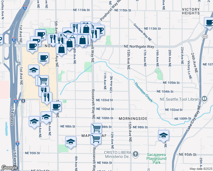 map of restaurants, bars, coffee shops, grocery stores, and more near 10416 11th Avenue Northeast in Seattle