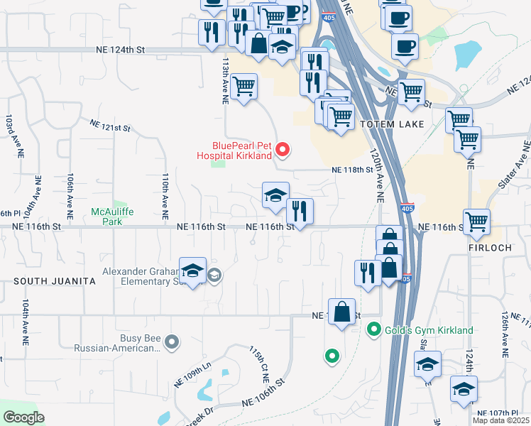 map of restaurants, bars, coffee shops, grocery stores, and more near 11430 Northeast 116th Place in Kirkland