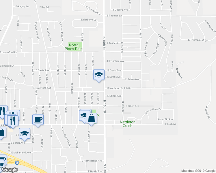 map of restaurants, bars, coffee shops, grocery stores, and more near 1511 East Nettleton Gulch Road in Coeur d'Alene