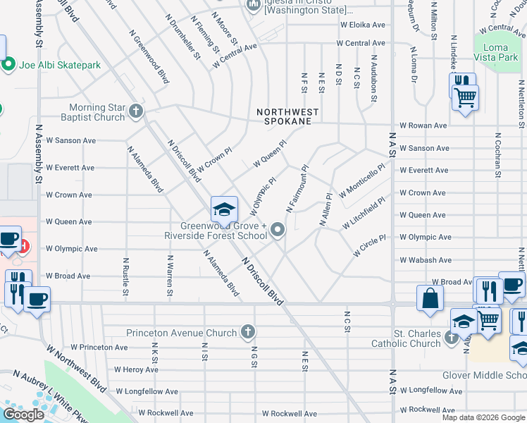 map of restaurants, bars, coffee shops, grocery stores, and more near 5042 N Greenwood Blvd in Spokane