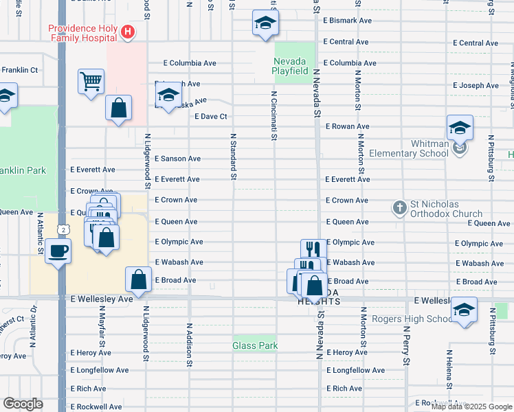 map of restaurants, bars, coffee shops, grocery stores, and more near 704 East Crown Avenue in Spokane
