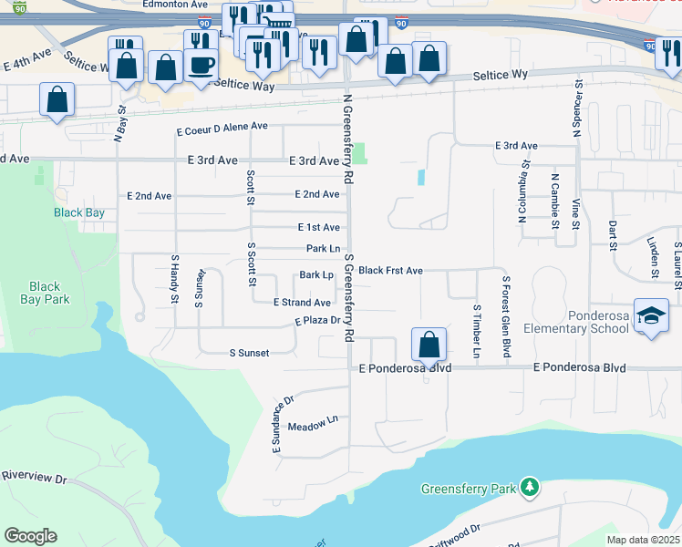 map of restaurants, bars, coffee shops, grocery stores, and more near 1829 East Bark Loop in Post Falls
